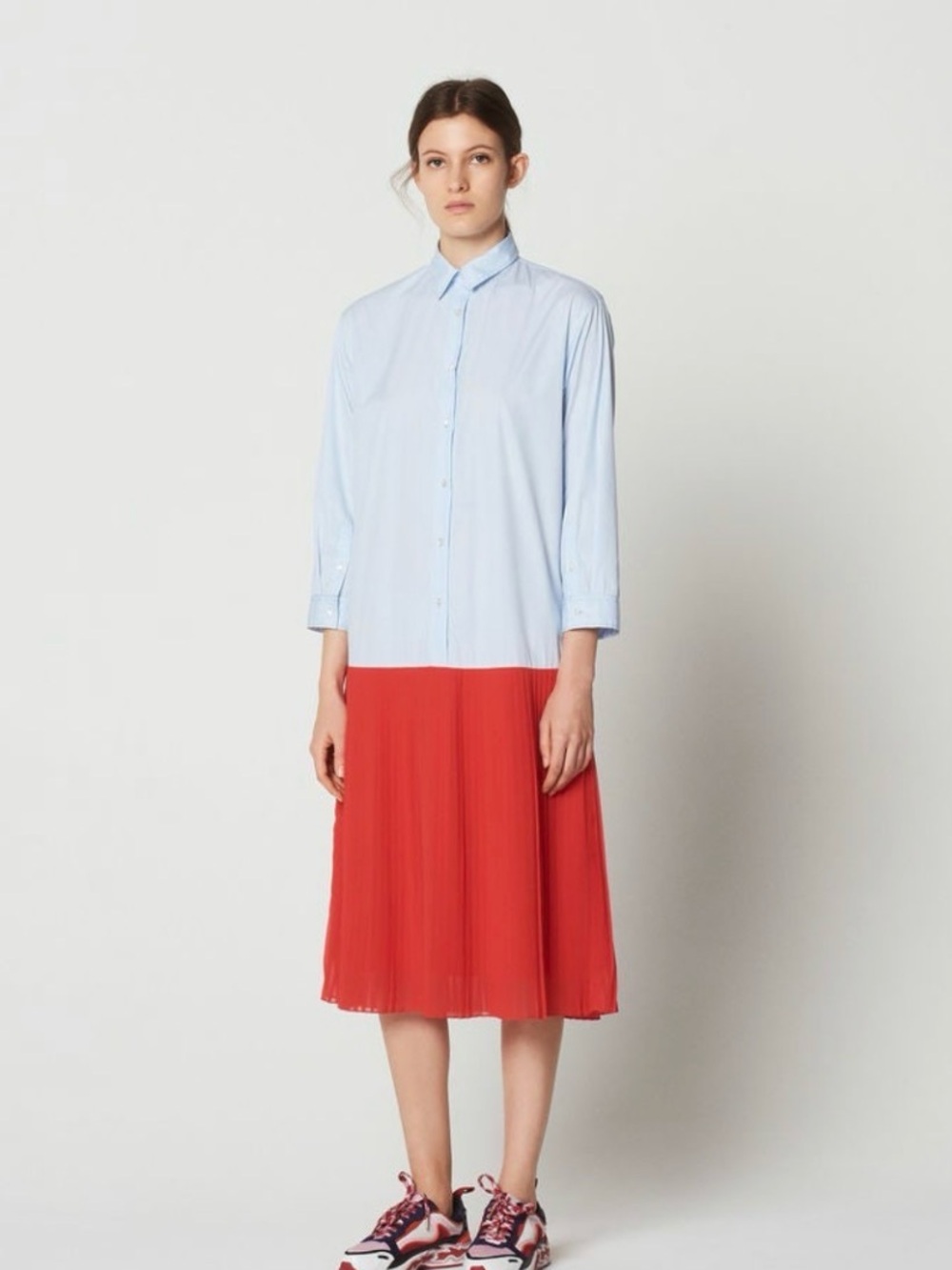 Sandro Striped Shirt Dress 38 Blue/White Red Pleated Midi Pockets 3/4 Sleeve